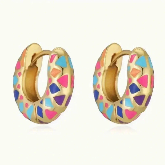 NWTs Gold Plated Blue, Purple, Pink & Orange Enamel Hoop Earrings - Picture 2 of 2
